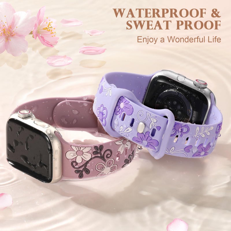 Witzon Floral Engraved Band Compatible with Apple Watch Band Women 41mm 40mm 38mm 42mm 44mm 45mm 46mm 49mm, Soft Silicone Cute Flower Accessories for iWatch Series 11 10 9 8 7 6 5 4 3 2 1 SE Ultra - Image 5