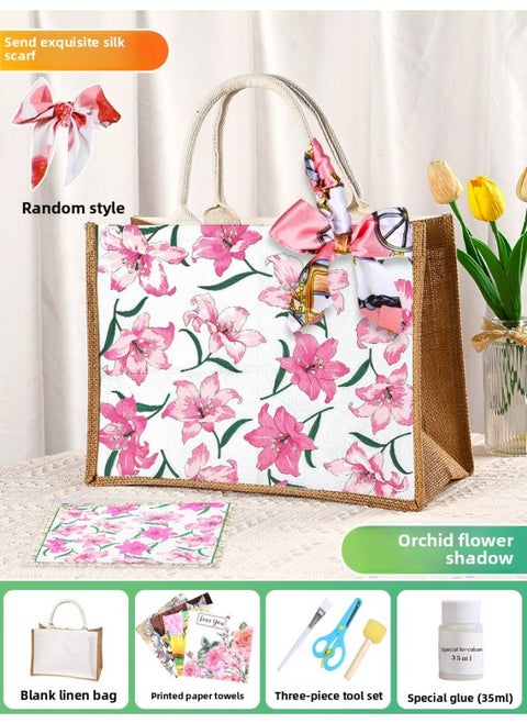 Butterfly Ancient Bart Material Bag Diy Mother's Day Canvas Bag Children's Handmade Creative Linen Bag Group Building Activity Gift-Color:Horizontal Style [lanshi Flower Shadow] Comes With A Full Set Of Tools + Detailed Tutorials