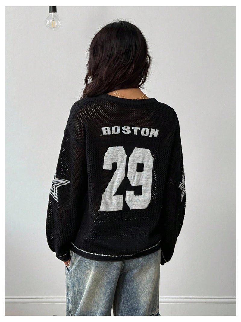 Verdusa Women's Y2k Tops Jersey Shirts Oversized Crochet Graphic Going Out Tops V Neck Pullover Sweater Streetwear Black Medium - Image 3