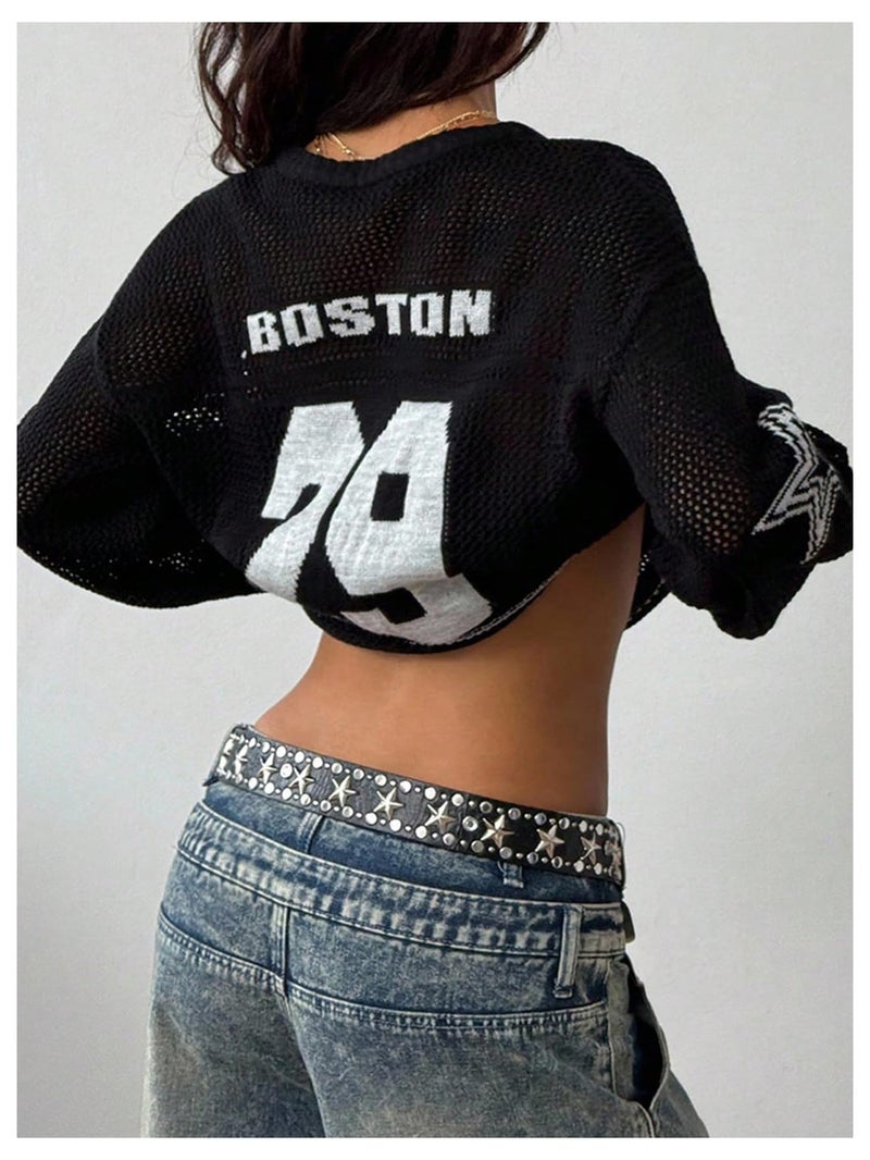 Verdusa Women's Y2k Tops Jersey Shirts Oversized Crochet Graphic Going Out Tops V Neck Pullover Sweater Streetwear Black Medium - Image 2