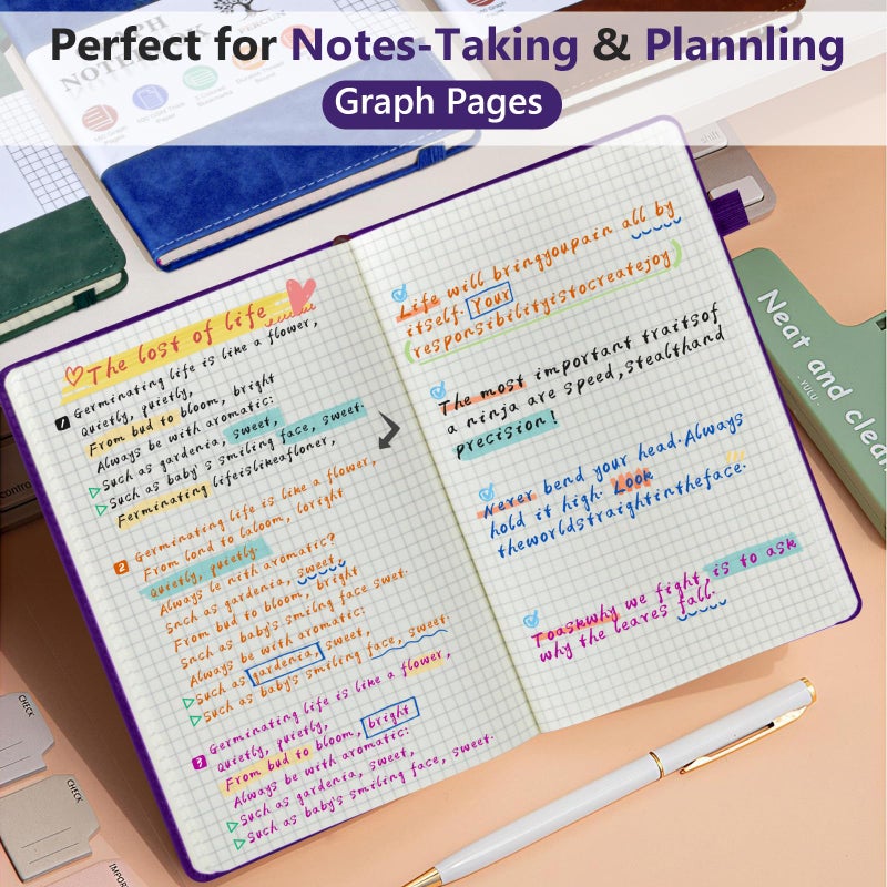 PERCUN Graph Paper Notebook, 160 Pages Grid Journal for women & men, A5 Hardcover Leather Graphing Notebook for School, Work, Travel, Note Taking 5.9â€x8.5â€ (Purple) - Image 3