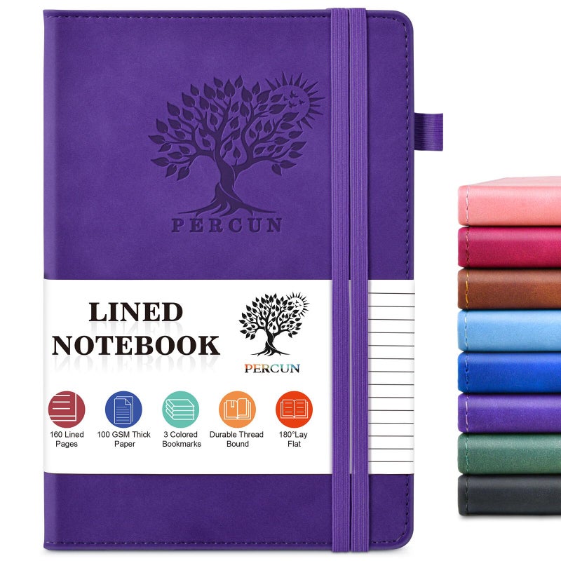 PERCUN Graph Paper Notebook, 160 Pages Grid Journal for women & men, A5 Hardcover Leather Graphing Notebook for School, Work, Travel, Note Taking 5.9â€x8.5â€ (Purple) - Image 1