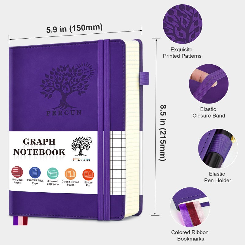 PERCUN Graph Paper Notebook, 160 Pages Grid Journal for women & men, A5 Hardcover Leather Graphing Notebook for School, Work, Travel, Note Taking 5.9â€x8.5â€ (Purple) - Image 2