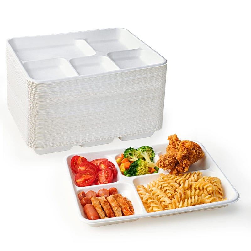 ECOLipak 100% Compostable 5 Compartment Plates, 125 Pack Disposable Paper Plates, Heavy-Duty Biodegradable Sugarcane Plates, Eco-Friendly School Lunch Trays - Image 1
