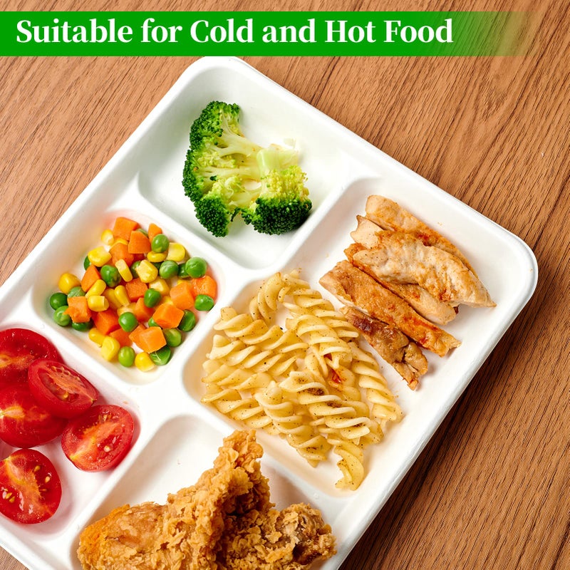 ECOLipak 100% Compostable 5 Compartment Plates, 125 Pack Disposable Paper Plates, Heavy-Duty Biodegradable Sugarcane Plates, Eco-Friendly School Lunch Trays - Image 5