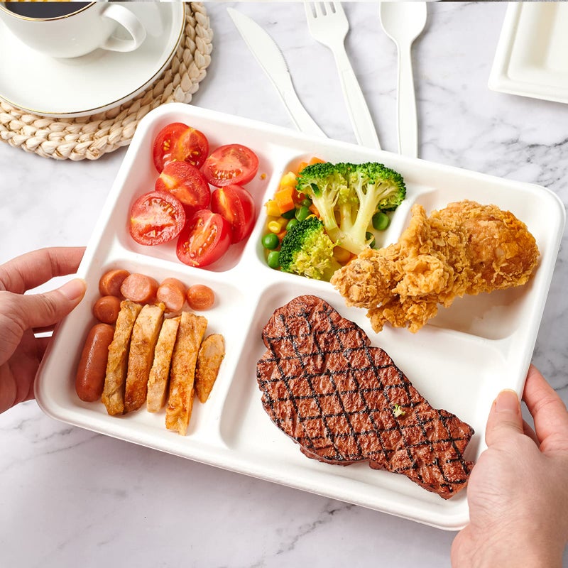 ECOLipak 100% Compostable 5 Compartment Plates, 125 Pack Disposable Paper Plates, Heavy-Duty Biodegradable Sugarcane Plates, Eco-Friendly School Lunch Trays - Image 4