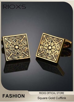 RIOXS Men's Square Gold Cufflink Charm Engraving Rose Pattern Shirts Sleeve Cuffs  - Image 1