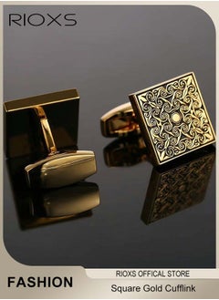 RIOXS Men's Square Gold Cufflink Charm Engraving Rose Pattern Shirts Sleeve Cuffs  - Image 4