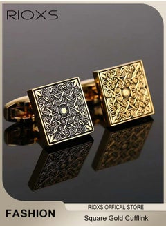 RIOXS Men's Square Gold Cufflink Charm Engraving Rose Pattern Shirts Sleeve Cuffs  - Image 3
