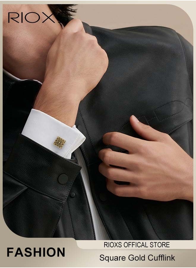RIOXS Men's Square Gold Cufflink Charm Engraving Rose Pattern Shirts Sleeve Cuffs  - Image 2