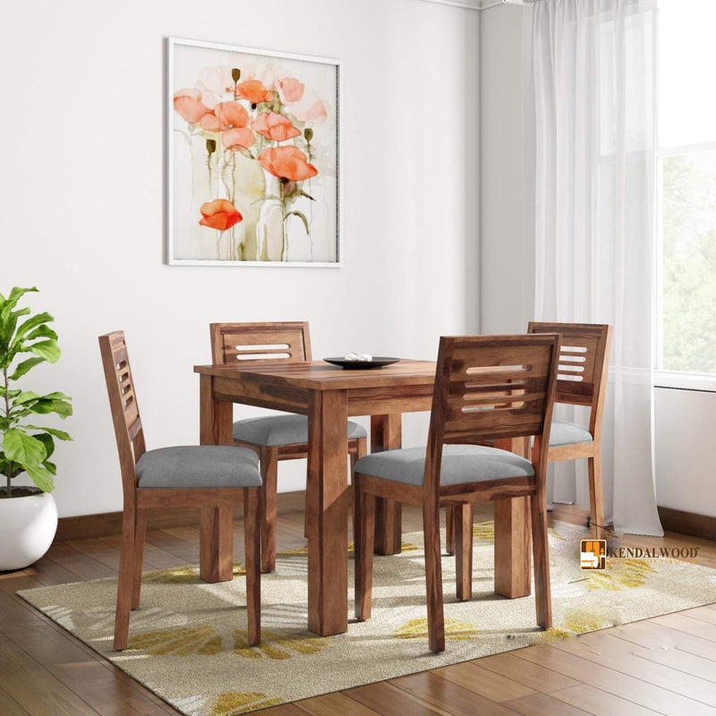 KENDALWOOD Furniture Solid Wood Dining Table with 4 Chairs 4 Seater Dining Set Wooden Dining Table with Chair Dining Room Furniture Natural Honey Finish with Gray Cushions
