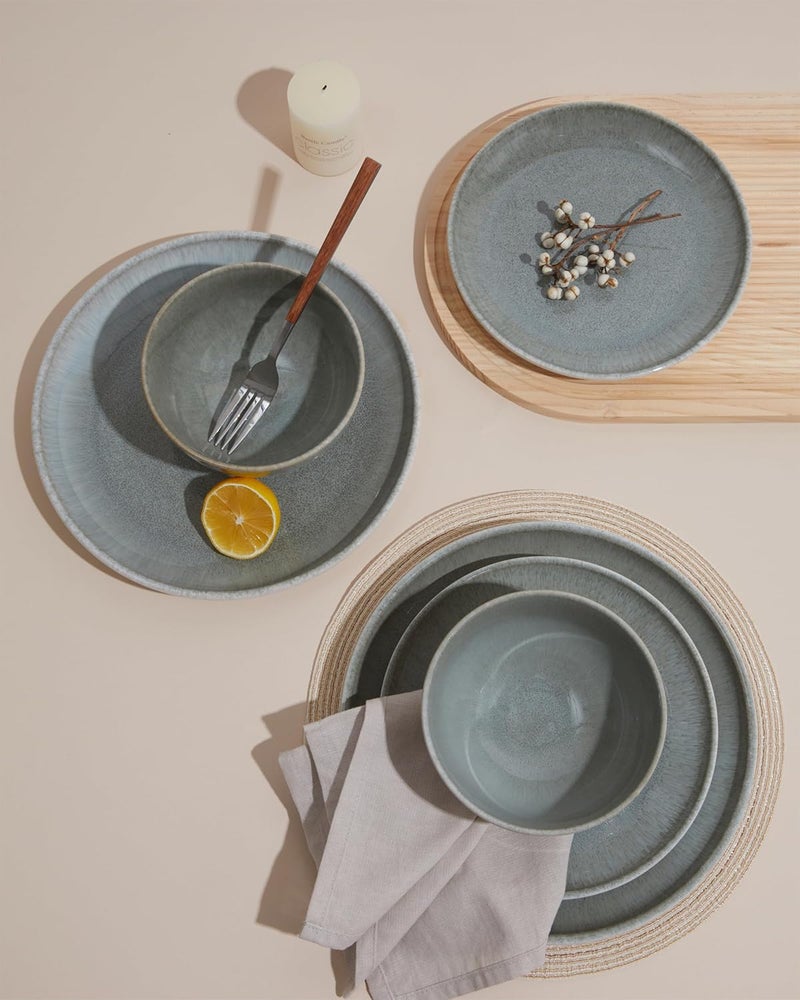 Pokini 16 Piece Double Bowl Dinnerware Sets Stain Resistant Dish Set with Pasta Bowls Easy Cleaning Dishes MultiFunctional Plate and Bowl Stack Compactly Plate Set Service for 4 - Image 2