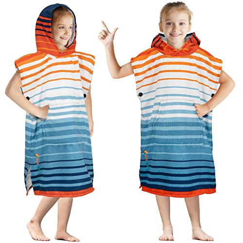 Suncube SUN CUBE Kids Changing Robe Surf Poncho, Kids Beach Towels, Hooded Towel for Teens Bath Pool, Microfiber Quick Dry Wearable Towel Poncho with Hood, Swim Towel for Girls 8-12 Years, Orange Stripe - Image 1