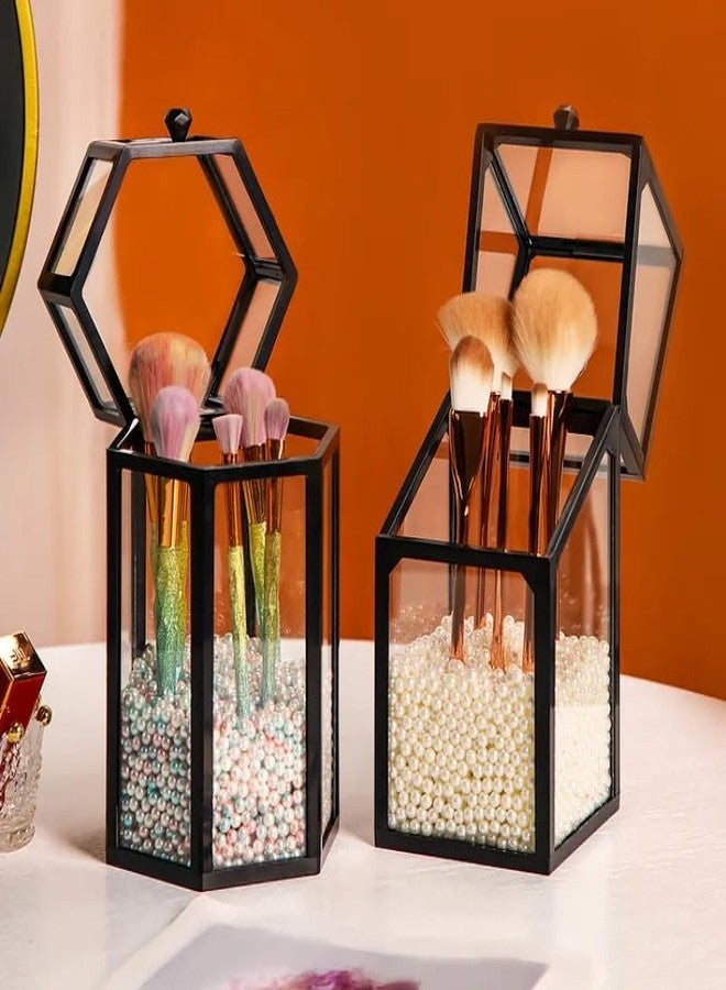 KRESHU Makeup Brush Holder with Lid, Vintage Glass Makeup Brush Organizer Storage Box with Colourful Pearls for Vanity Dresser - Ideal for Eyebrow Pencils, Eyeliners, and More (Black) - Image 3