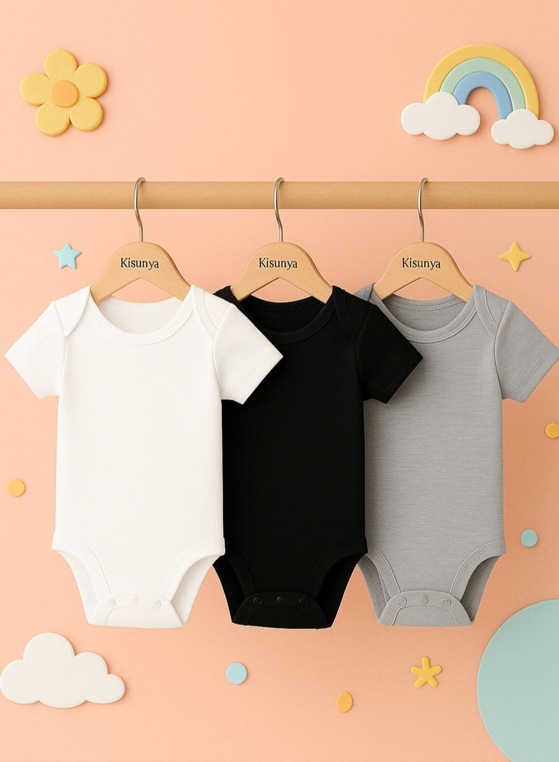 Kisunya Bodysuit for Baby Boys - 3pcs Solid Color Short Sleeve Kimono Bodysuit for Baby Boys – Soft Cotton Infant Rompers with Side Snap Design, Comfortable and Breathable Newborn Outfit, Easy to Wear and Change, Ideal for Daily Use, Sleeping, and Summer Clothing Essentials - Image 1