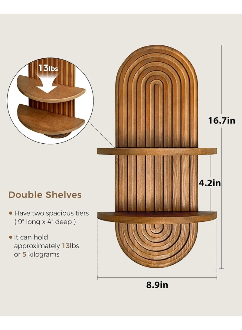 Arabest Boho Wall Decor Brown Plant Wall Shelf Mid Century Modern Decor Hanging Plant Shelf 16.7in 2 Tier Wooden Floating Shelves for Home Bathroom Bedroom Living Room Office Holding Planter - Image 2