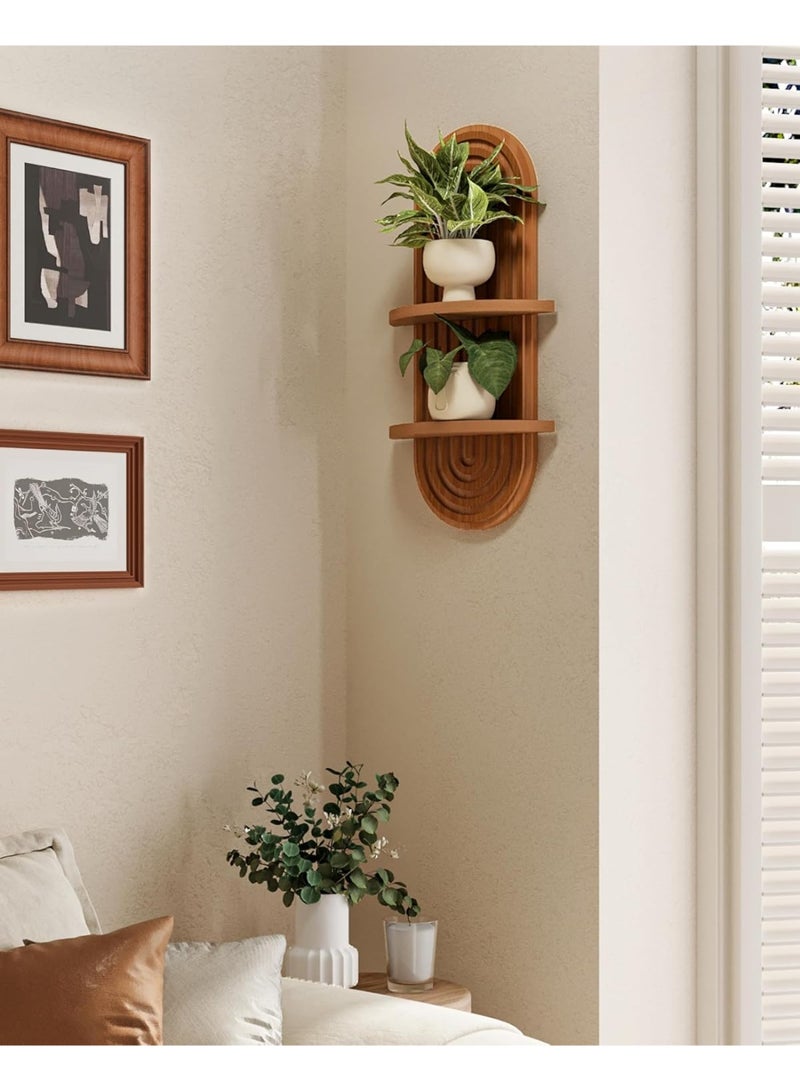 Arabest Boho Wall Decor Brown Plant Wall Shelf Mid Century Modern Decor Hanging Plant Shelf 16.7in 2 Tier Wooden Floating Shelves for Home Bathroom Bedroom Living Room Office Holding Planter - Image 5