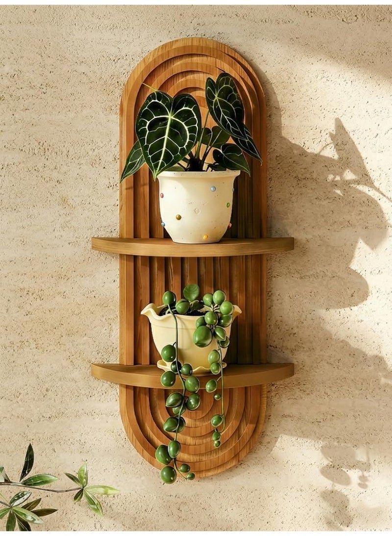 Arabest Boho Wall Decor Brown Plant Wall Shelf Mid Century Modern Decor Hanging Plant Shelf 16.7in 2 Tier Wooden Floating Shelves for Home Bathroom Bedroom Living Room Office Holding Planter - Image 1