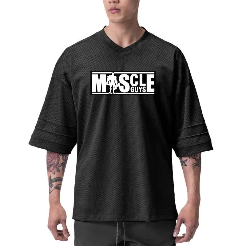 Short sleeve men''s fashion brand loose plus size fitness half sleeve summer quick-drying V-neck casual training clothes foreign trade delivery - Image 3