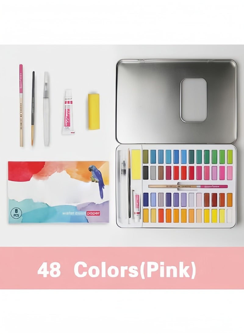 Set of 48 Solid Watercolors Paints with Water Brush, Paintbrush, Pencil, Sponge, Watercolor Paper - Ideal for Artists, Beginners, Students, and Adults - Pink Color Palette - Image 1