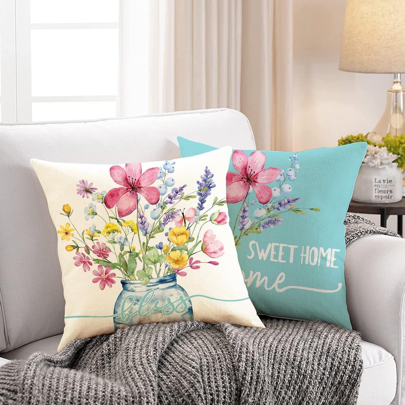 WOKANI Spring Outdoor Throw Pillow Covers 18x18 Set of 4 Summer Garden Flowers Farmhouse Patio Decorative Cushion Covers Home Decor Couch for Sofa Bedroom Livingroom, SkyBlue - Image 3