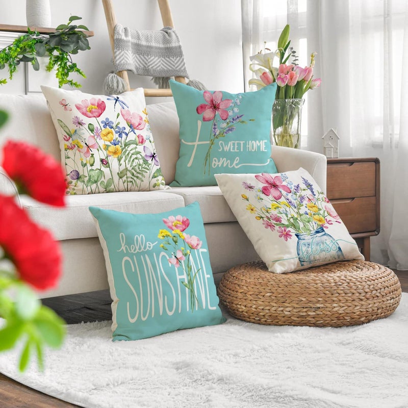 WOKANI Spring Outdoor Throw Pillow Covers 18x18 Set of 4 Summer Garden Flowers Farmhouse Patio Decorative Cushion Covers Home Decor Couch for Sofa Bedroom Livingroom, SkyBlue - Image 2
