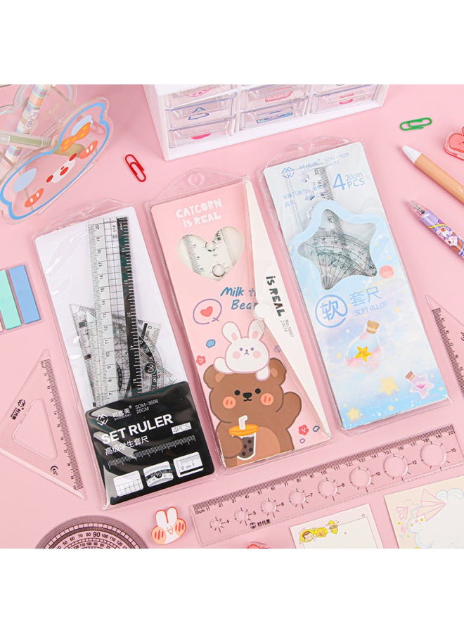 HELPS Cute Cartoon Set Of Rulers For Students, Multifunctional Triangle Ruler, Protractor, Four-piece Set, Soft Ruler - Image 3