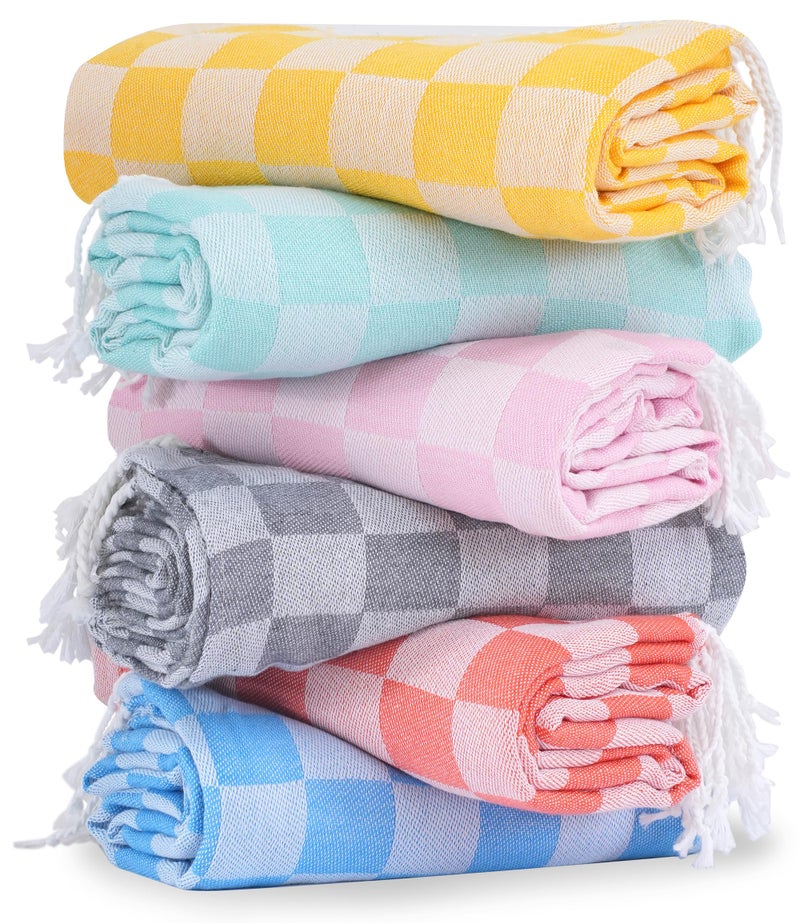 Antfuny 6 Packs Turkish Beach Towel Vacation Essentials Blanket Set Pool Bath Towels Bulk Multipack Travel Sand Free Quick Dry Extra Large Oversized Cute Big Soft Lightweight Compact Checkered Cloud Women - Image 1