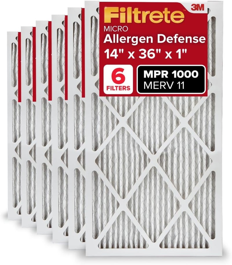 FILTRETE 14x36x1 AC Furnace Air Filter, MERV 11, MPR 1000, Micro Allergen Defense, 3-Month Pleated 1-Inch Electrostatic Air Cleaning Filter, 6 Pack (Actual Size 13.88x35.9x0.81 in) - Image 1