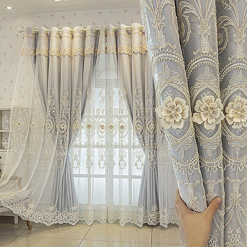 Amidoudou 1 Pair European Double Layer Curtains for Living Room Bedroom 3D Flower Embroidered Curtains with Valance (Grey,51x96 Inch) - Image 1