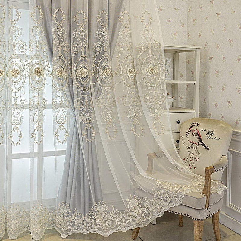 Amidoudou 1 Pair European Double Layer Curtains for Living Room Bedroom 3D Flower Embroidered Curtains with Valance (Grey,51x96 Inch) - Image 4