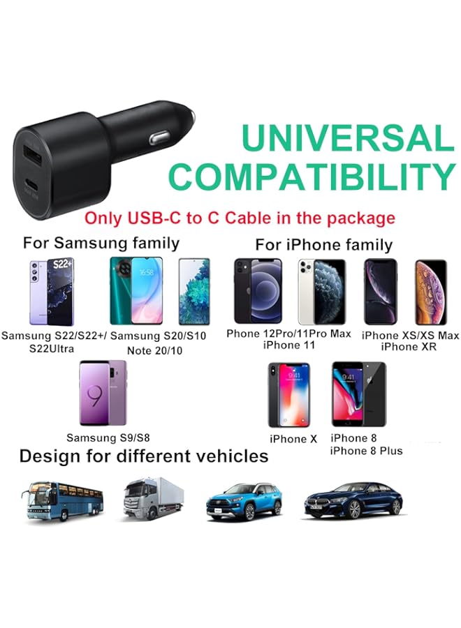 Risen شاحن سيارة شحن فائق السرعة 2.0 مزدوج المنفذ (45 واط + 15 واط) مع كابل USB C إلى C لهواتف سامسونج جالاكسي S24 ألترا/S24/S24+/S23,S22,S21/S21 ألترا/S21 بلس 5G, نوت 10/10+ 5G Z فولد 3 5G - Image 4