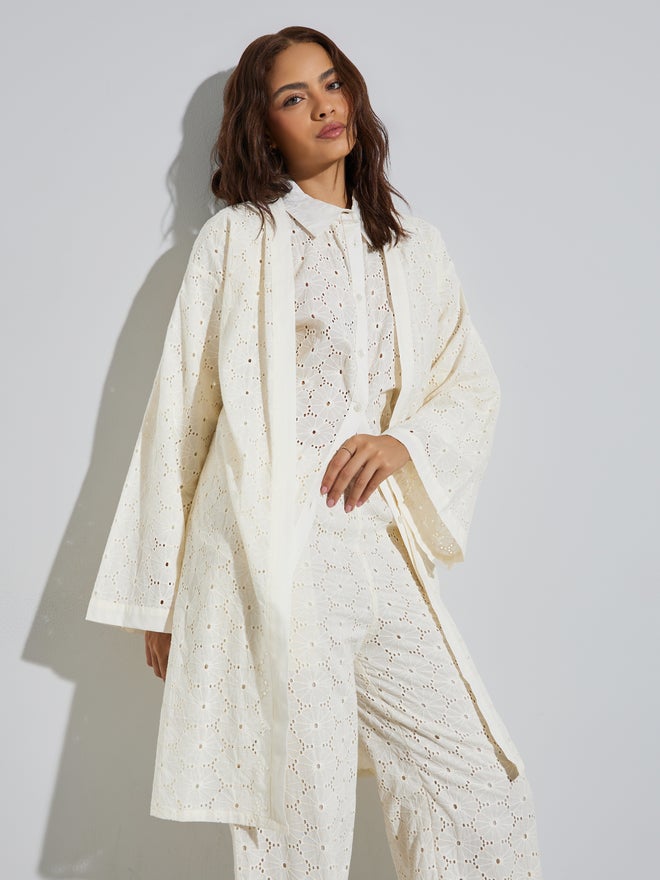 Styli Off-White Schiffli Knee Length Kimono - Image 1