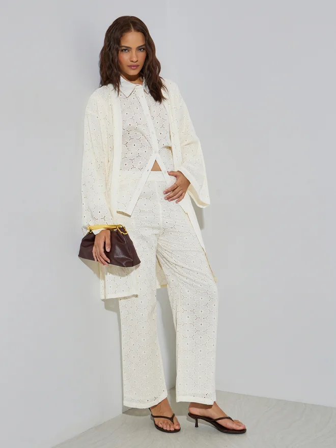 Styli white Styli Off-White Schiffli Knee Length Kimono for Women | Best Price UAE