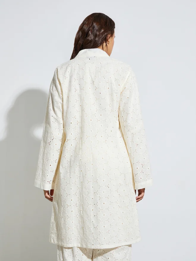 Styli white Styli Off-White Schiffli Knee Length Kimono for Women | Best Price UAE