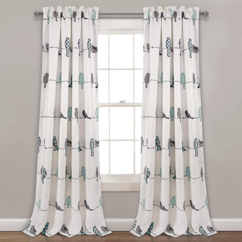 Lush Decor Rowley Birds Light Filtering Window Curtain Panels Pair 52 W x 95 L Blue  Gray  Colorful Floral Print  Whimsical  Playful Bird Curtains For Bedroom Living Room Or Dining Room