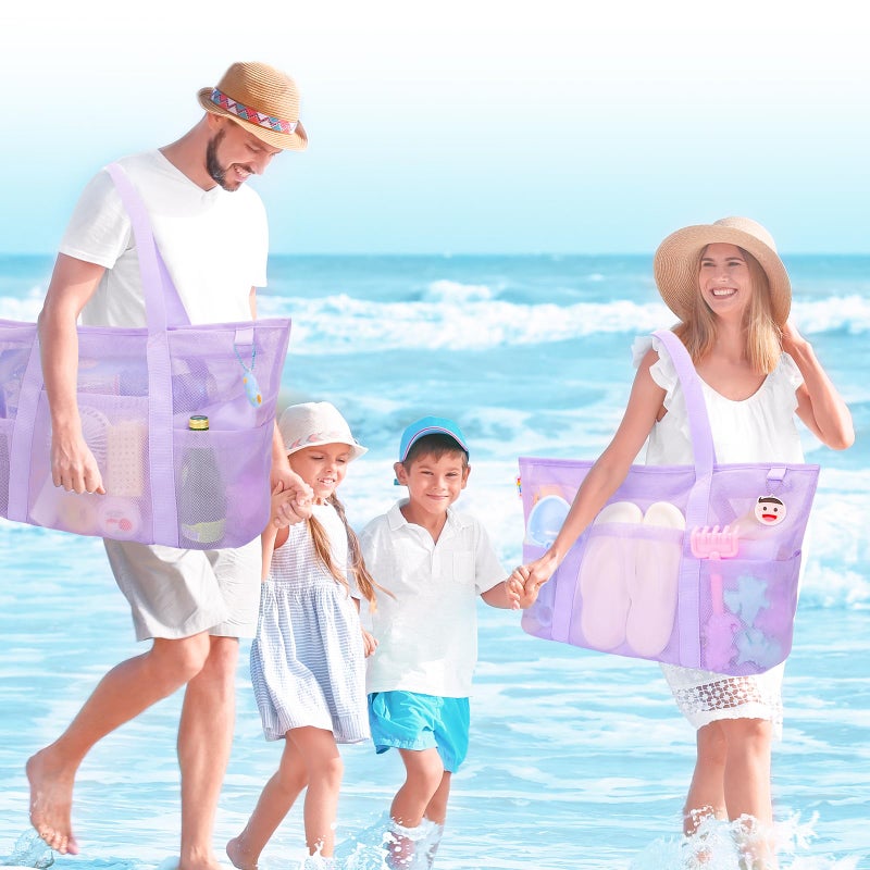 Tagitary Mesh Beach Bag with Zipper and 8 Pockets, Purple Large Beach Tote Waterproof Sandproof for Camping Sports Pool Swim Bag Foldable Beach Accessories Toys Storage Travel Bag - Image 2