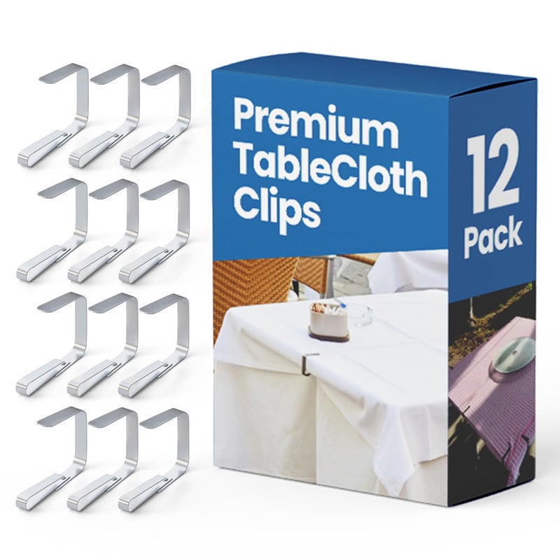 ProTensils 12Pcs Picnic Tablecloth Clips for Outdoor Tables  Stainless Steel Large Table Cloth Clip Fits for 25 Thick Tables Metal Clamps for Picnic Table Clips Dining Table Cloth Holder