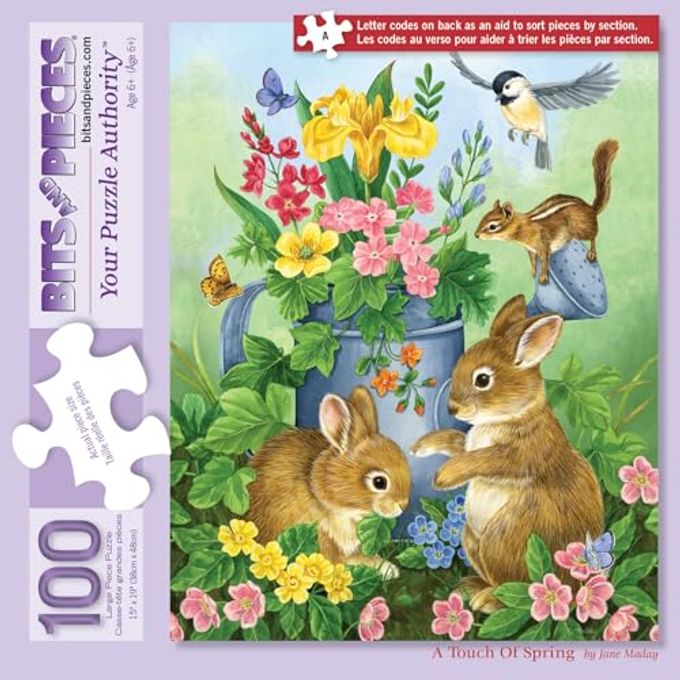 Bits and Pieces 100 Piece Jigsaw Puzzle for Adults  A Touch of Spring by Artist Jane Maday Cute Bunnies Jigsaw Puzzle, Completed Puzzle Size: 15" x 19" - Image 4