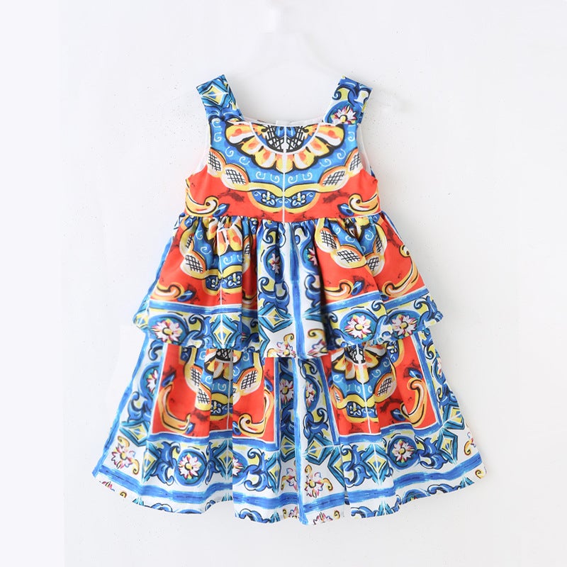 Girls cake skirt 2022 new childrens skirt summer printed suspender skirt European and American Baby dress D cross-border Color