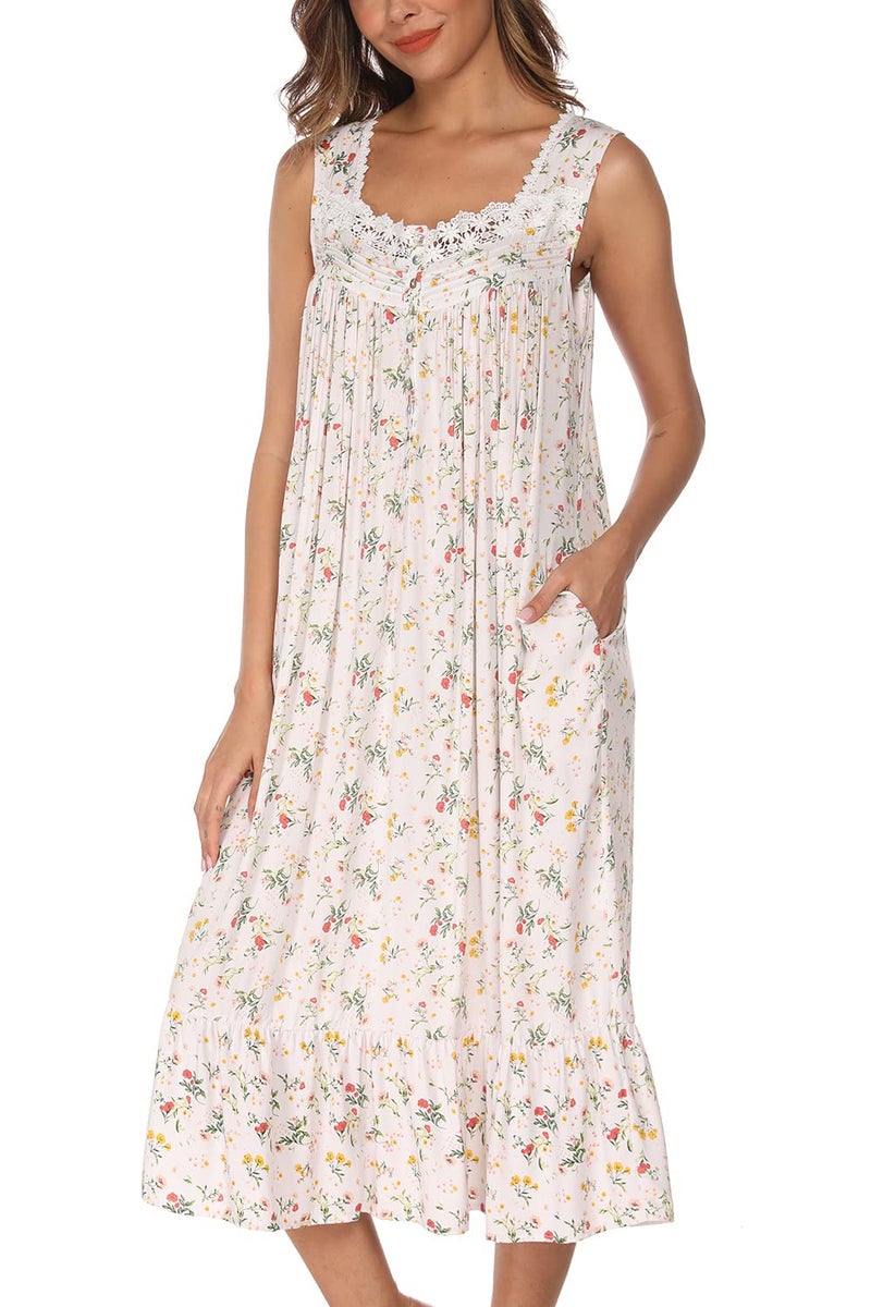 AVIIER Cotton Nightgowns for Women Sleeveless House Dress Ladies Long Nightdress with Pockets (White flowers, X-Large)â€¦ - Image 4