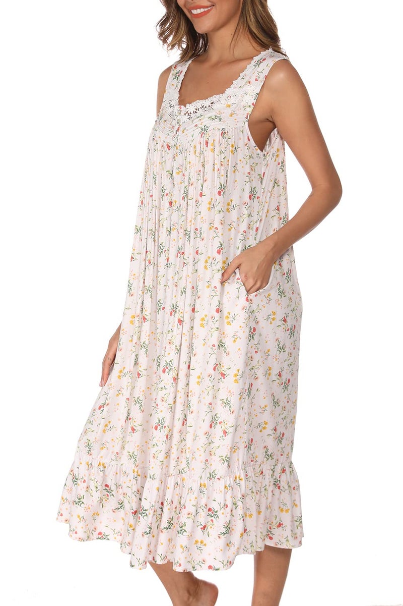 AVIIER Cotton Nightgowns for Women Sleeveless House Dress Ladies Long Nightdress with Pockets (White flowers, X-Large)â€¦ - Image 3