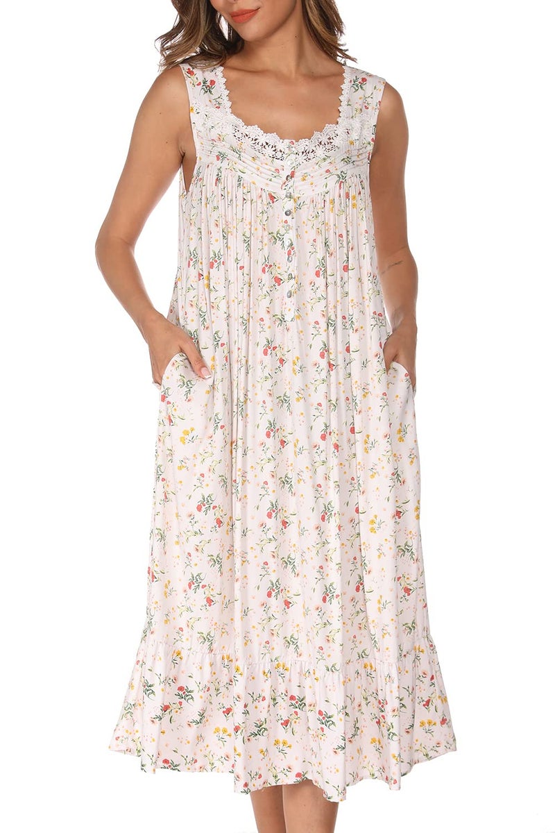 AVIIER Cotton Nightgowns for Women Sleeveless House Dress Ladies Long Nightdress with Pockets (White flowers, X-Large)â€¦ - Image 2
