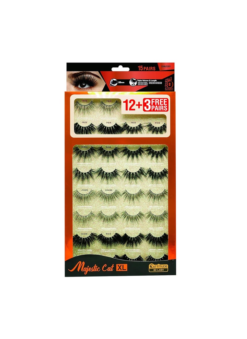 EBIN NEW YORK CATTITUDE 3D LASHES MEGA PACK (Majestic Cat - 15 pairs) 