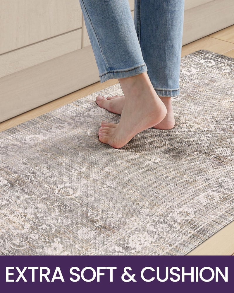 DEXI Kitchen Floor Mats Cushioned Anti Fatigue, 23x86 Long Wide Standing Comfort Runner Rug, Waterproof Retro Floral Memory Foam Padded for Front Sink Laundry, Beige Grey - Image 3