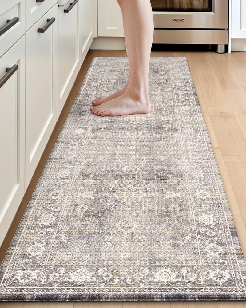 DEXI Kitchen Floor Mats Cushioned Anti Fatigue, 23x86 Long Wide Standing Comfort Runner Rug, Waterproof Retro Floral Memory Foam Padded for Front Sink Laundry, Beige Grey - Image 1