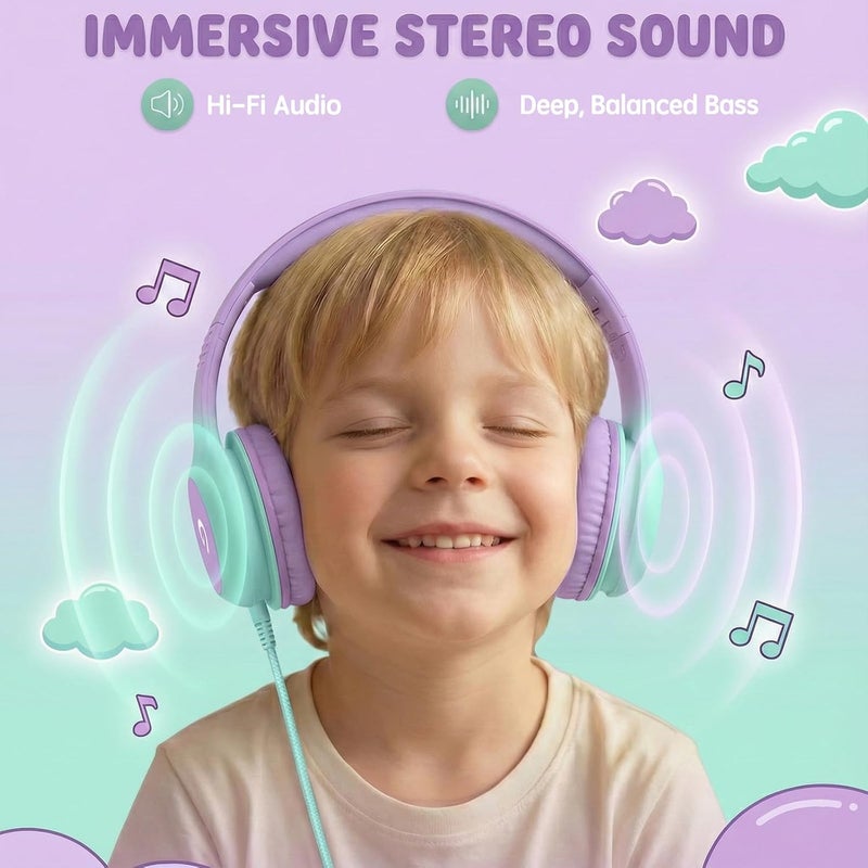 ADOOPE Wired Kids Headphones with USB C Plug, 85dB Safe Volume, Adjustable Headband, Tangle-Free Cord Headphones for School, Tablet, Travel (Lavender & Mint Green, Without Microphone) - Image 3