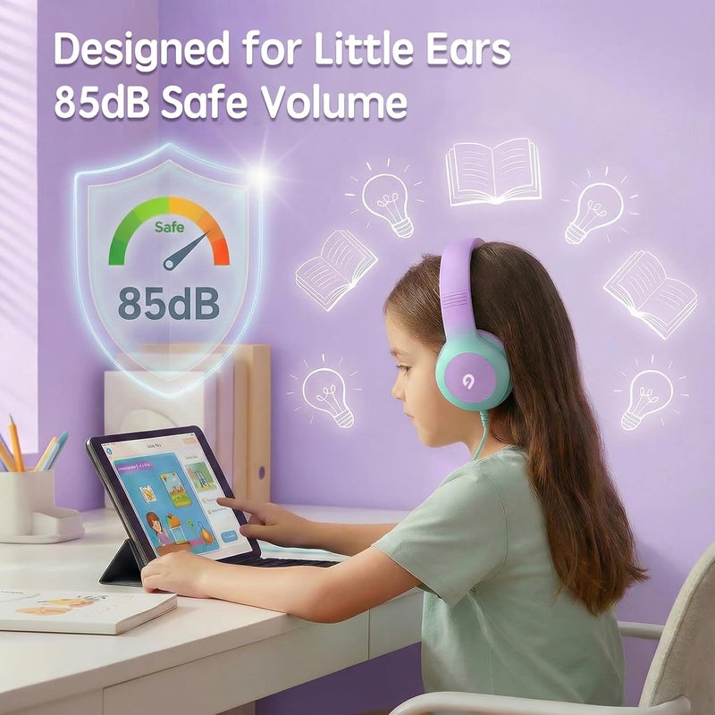 ADOOPE Wired Kids Headphones with USB C Plug, 85dB Safe Volume, Adjustable Headband, Tangle-Free Cord Headphones for School, Tablet, Travel (Lavender & Mint Green, Without Microphone) - Image 2