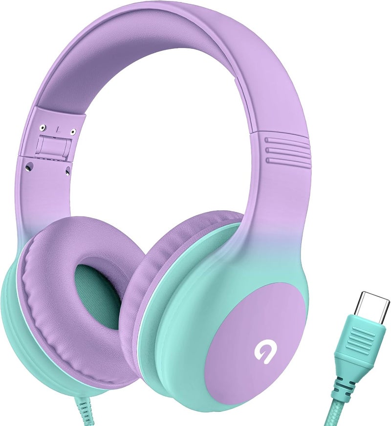 ADOOPE Wired Kids Headphones with USB C Plug, 85dB Safe Volume, Adjustable Headband, Tangle-Free Cord Headphones for School, Tablet, Travel (Lavender & Mint Green, Without Microphone) - Image 1