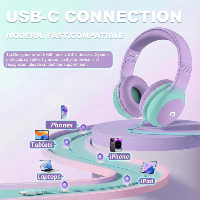 ADOOPE Wired Kids Headphones with USB C Plug, 85dB Safe Volume, Adjustable Headband, Tangle-Free Cord Headphones for School, Tablet, Travel (Lavender & Mint Green, Without Microphone) - Image 4
